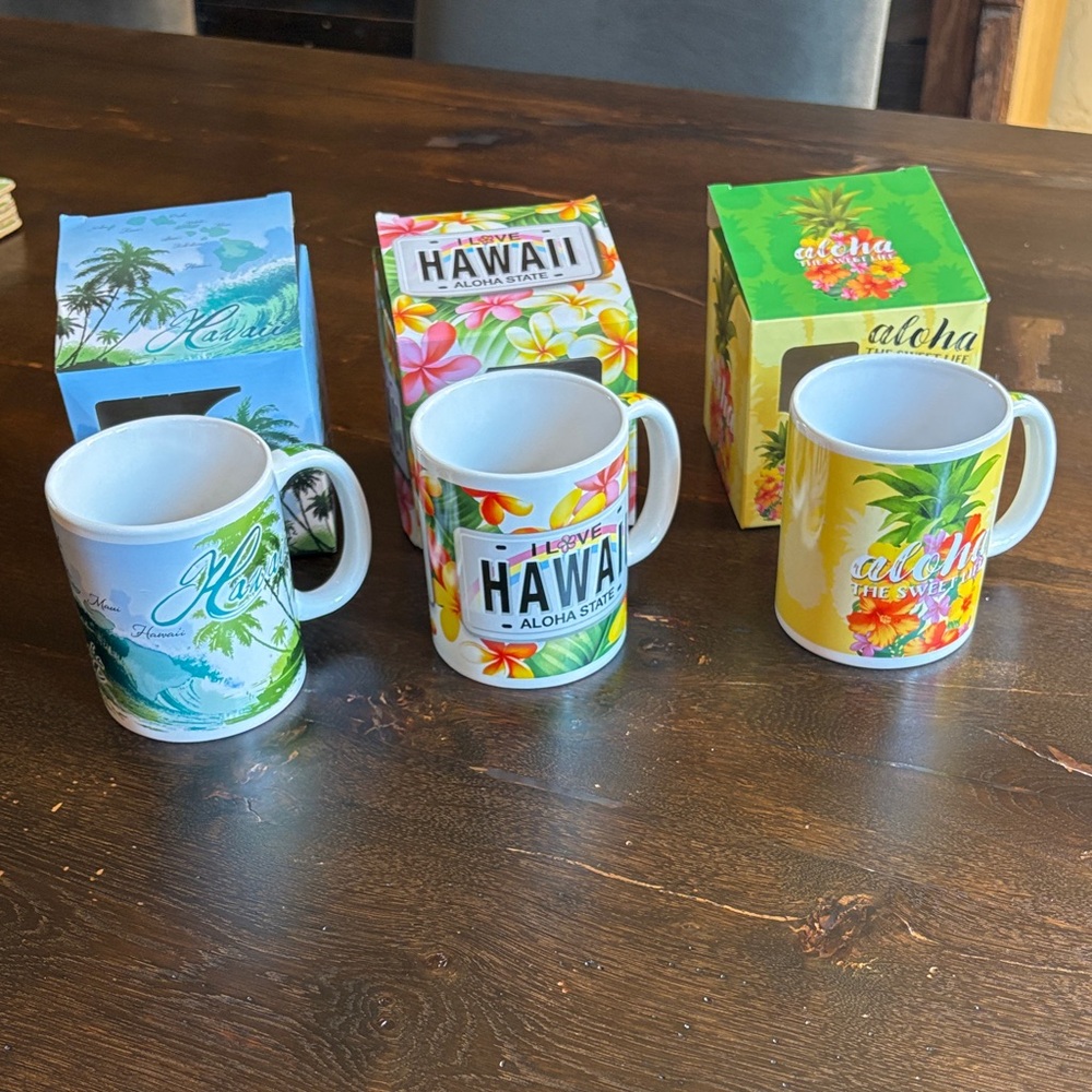 Set of 3 Hawaii Aloha Ceramic Mug Set - Multicolor, new in original box